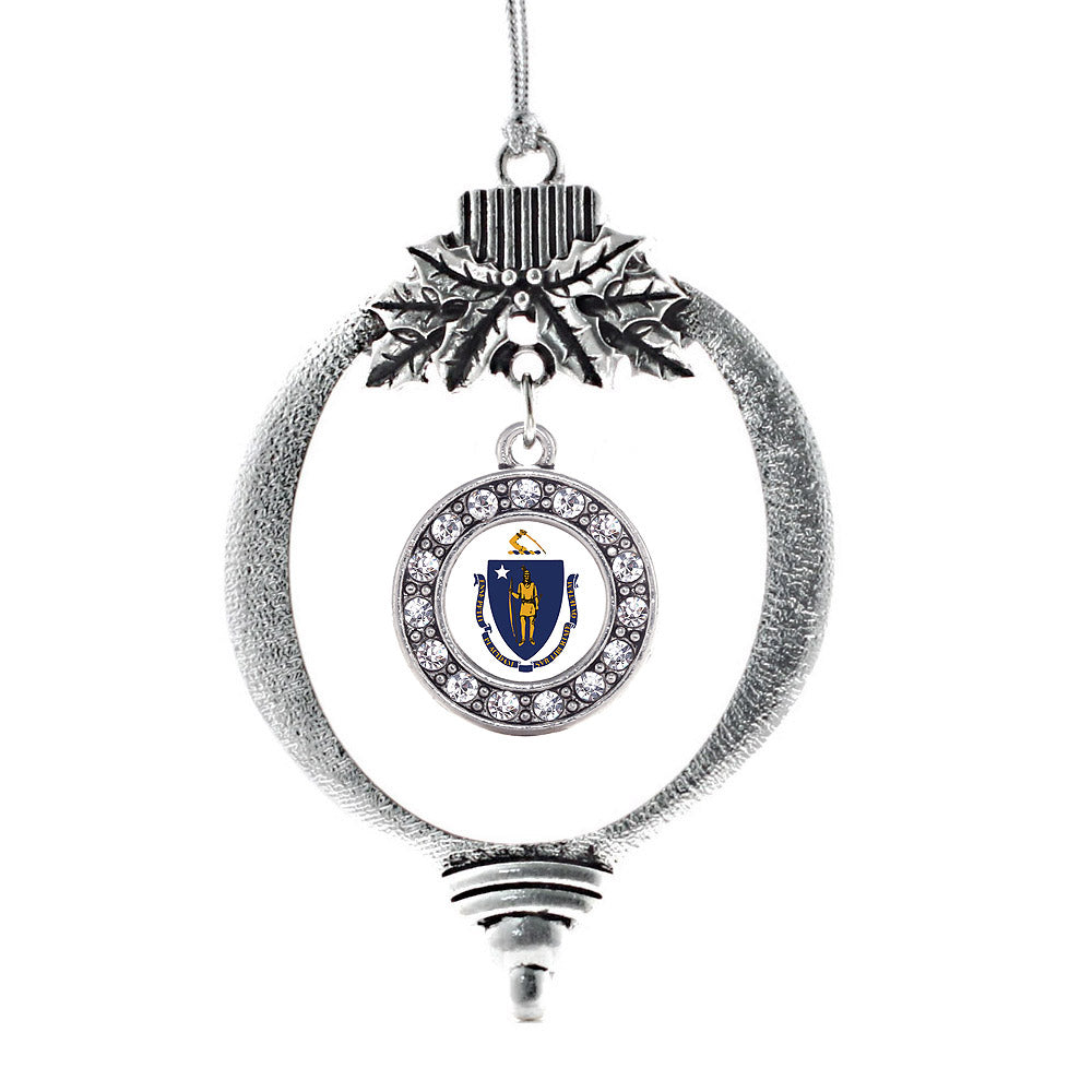 Silver Massachusetts Flag Circle Charm Holiday Ornament