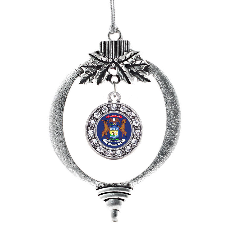 Silver Michigan Flag Circle Charm Holiday Ornament