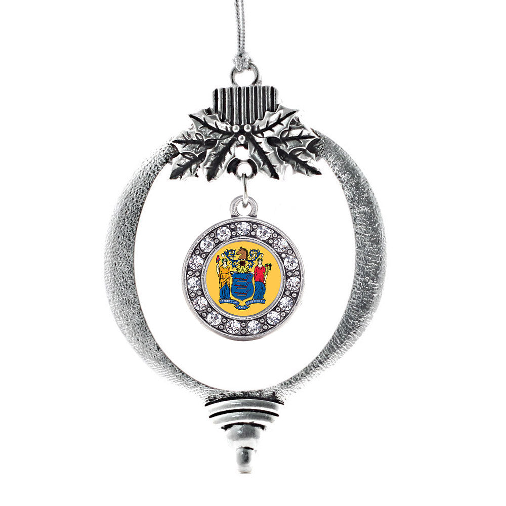 Silver New Jersey Flag Circle Charm Holiday Ornament