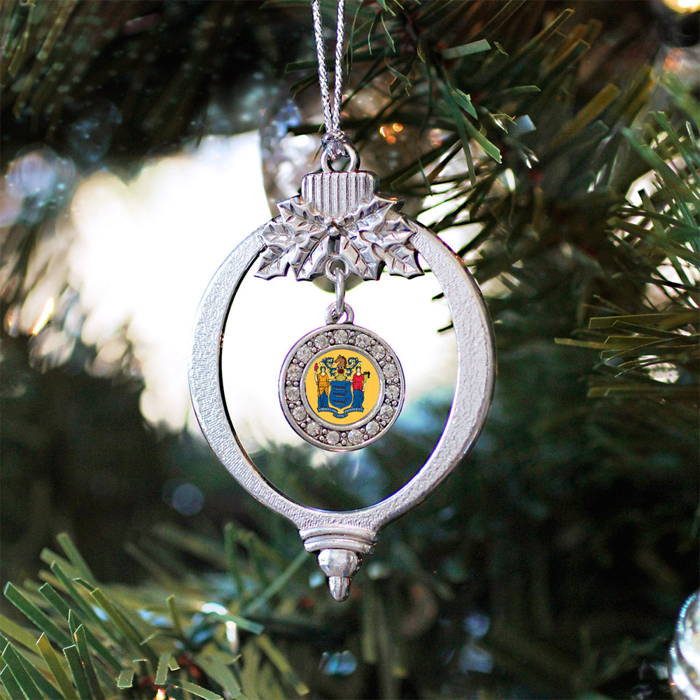 Silver New Jersey Flag Circle Charm Holiday Ornament