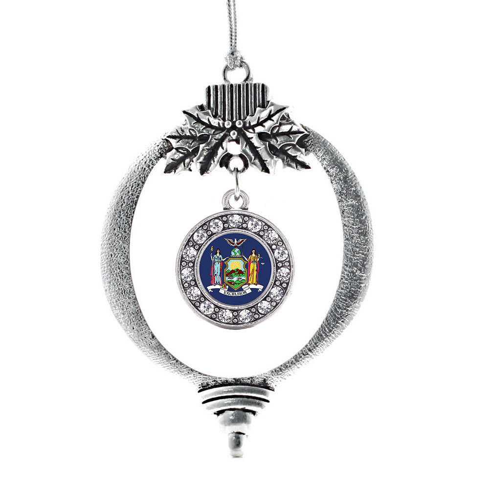 Silver New York Flag Circle Charm Holiday Ornament