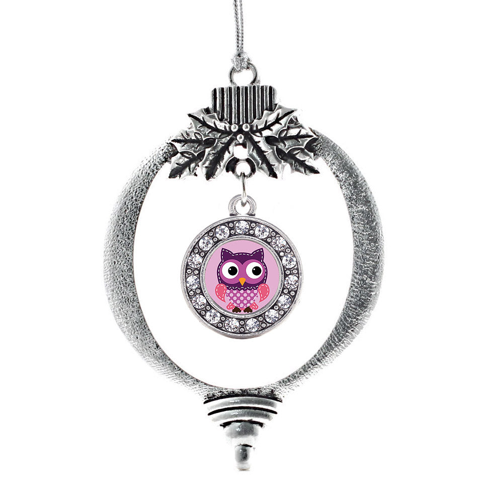 Silver Cute Owl Circle Charm Holiday Ornament
