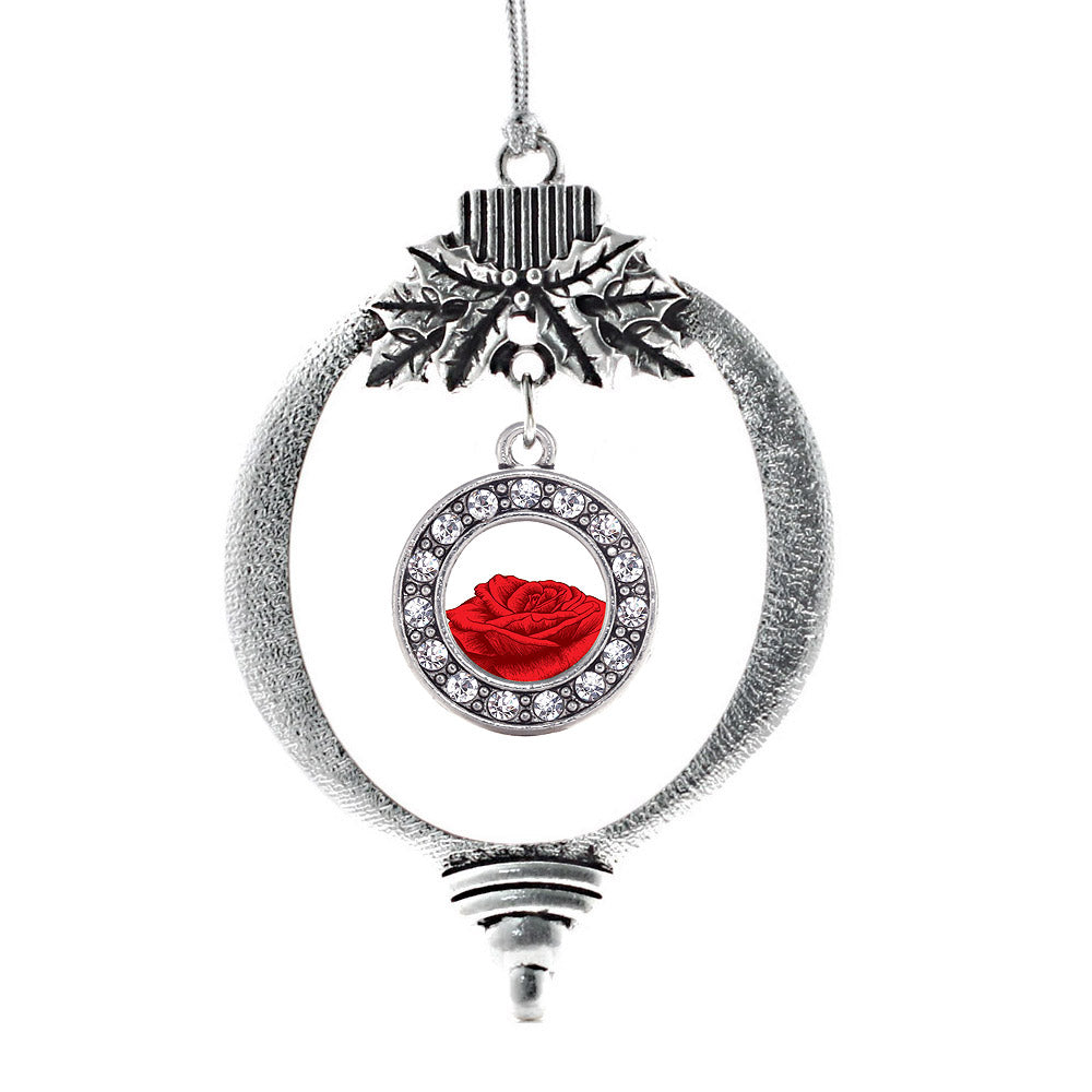Silver Red Rose Circle Charm Holiday Ornament
