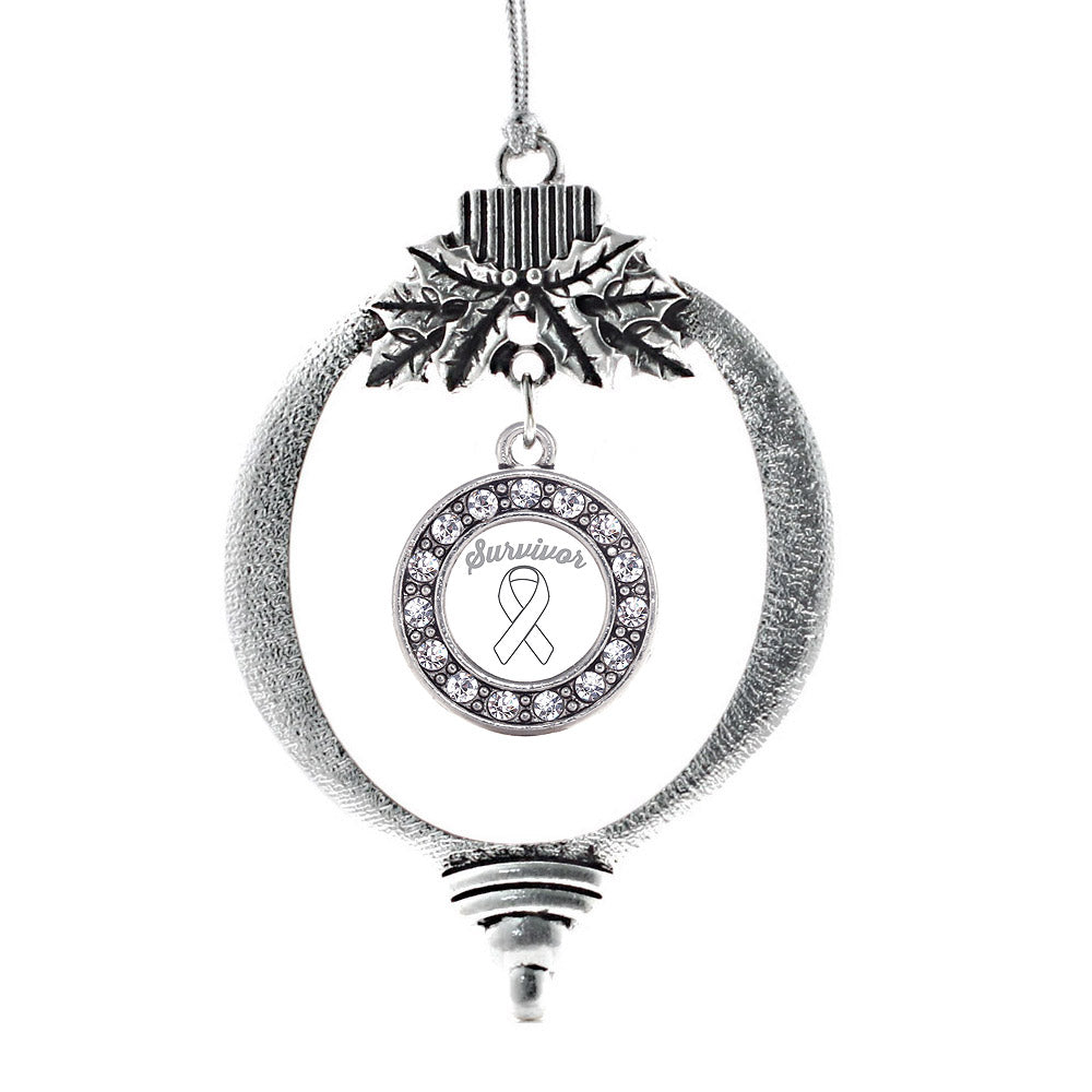 Silver White Ribbon Survivor Circle Charm Holiday Ornament