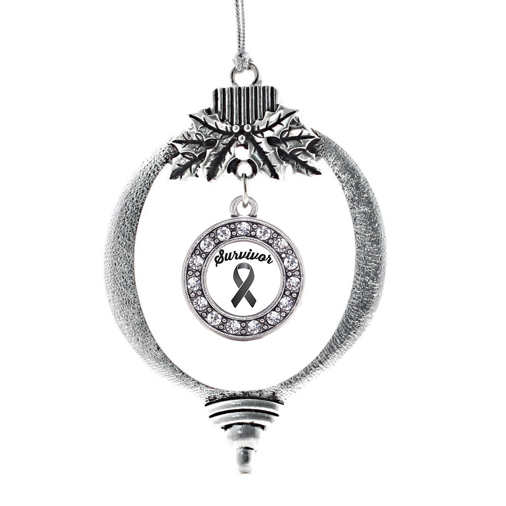 Silver Black Ribbon Survivor Circle Charm Holiday Ornament