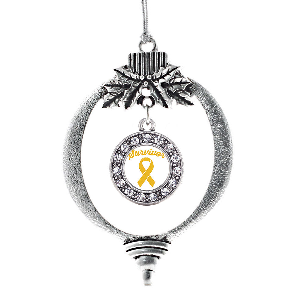 Silver Yellow Ribbon Survivor Circle Charm Holiday Ornament