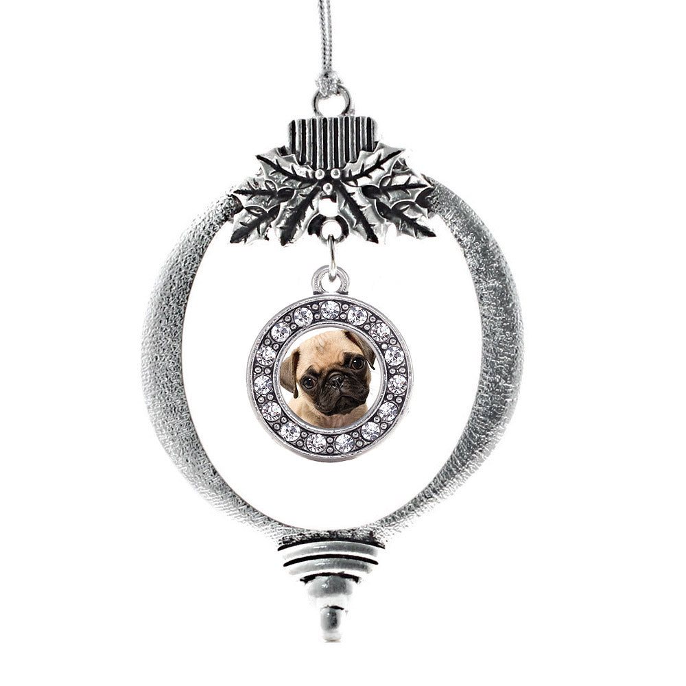 Silver Pug Circle Charm Holiday Ornament