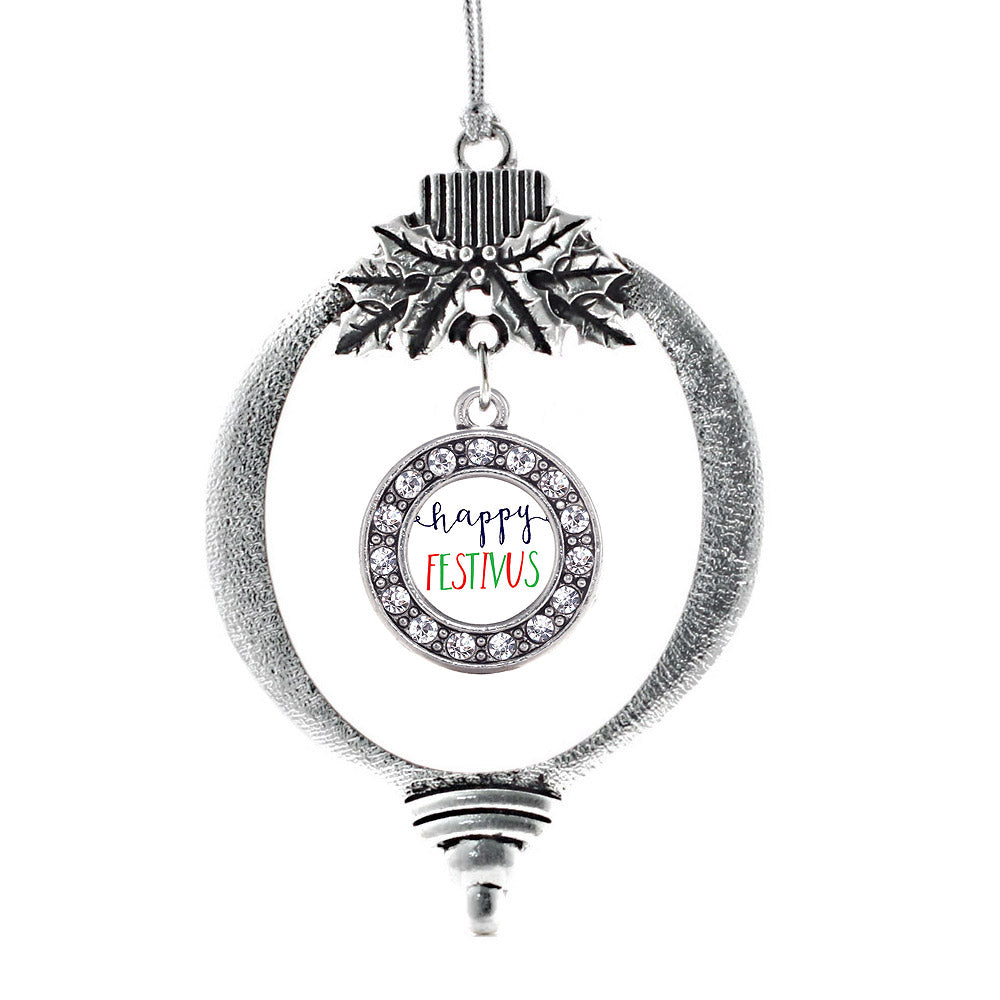 Silver Happy Festivus Circle Charm Holiday Ornament