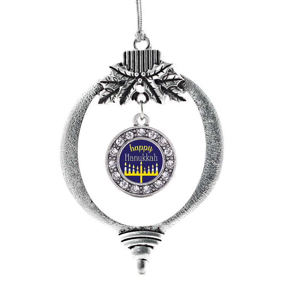 Silver Happy Hanukkah Circle Charm Holiday Ornament