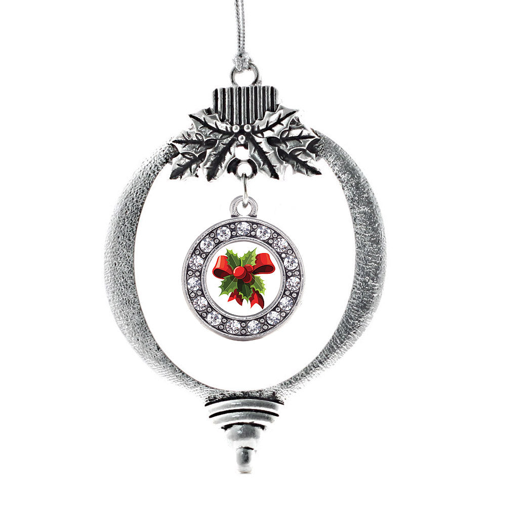 Silver Holly Plant Circle Charm Holiday Ornament