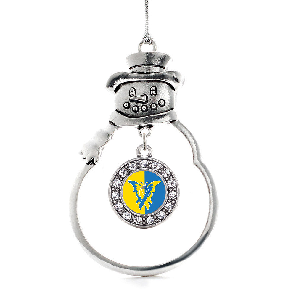 Silver Down Syndrome Awareness Circle Charm Snowman Ornament
