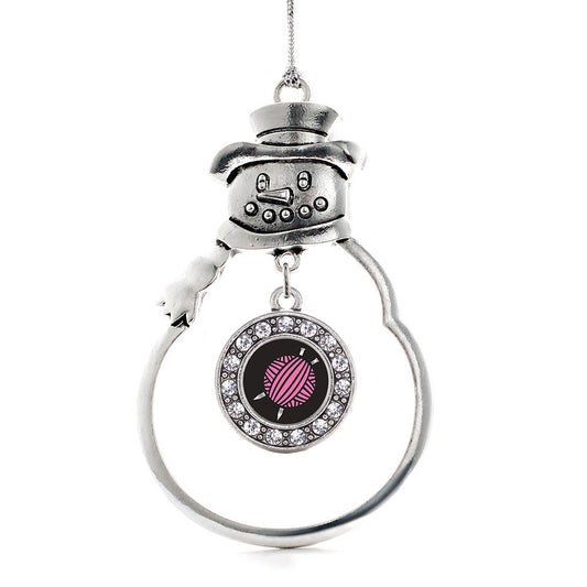 Silver Knitting Needles Circle Charm Snowman Ornament