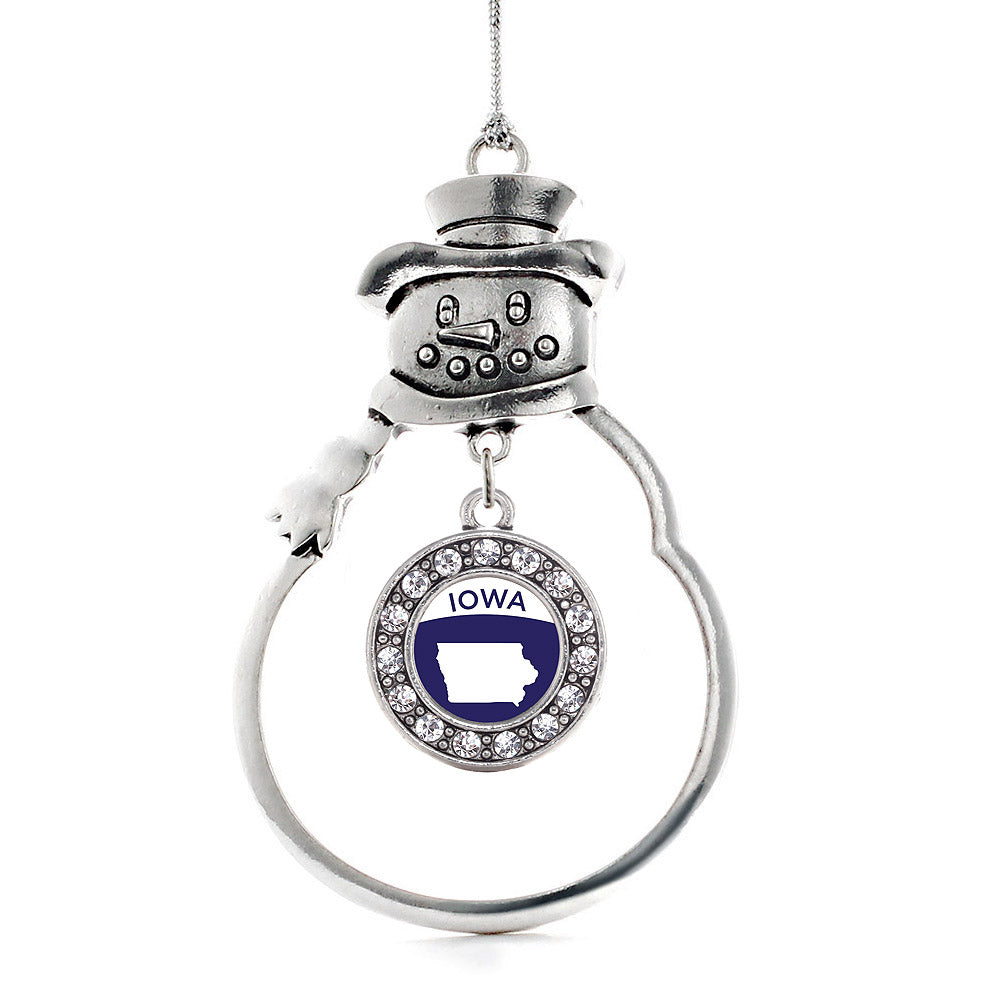 Silver Iowa Outline Circle Charm Snowman Ornament