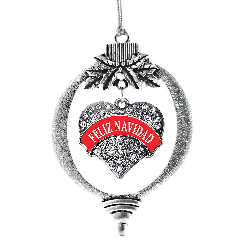 Silver Feliz Navidad Pave Heart Charm Holiday Ornament