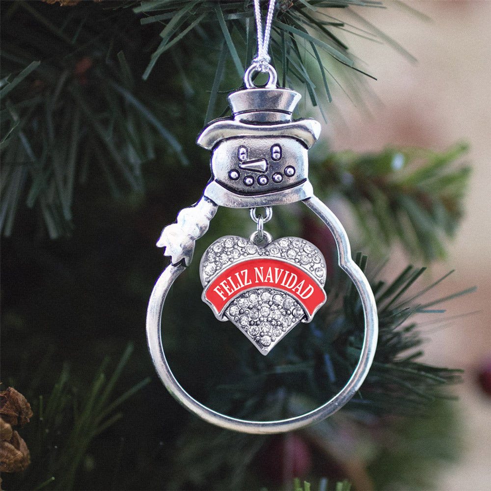 Silver Feliz Navidad Pave Heart Charm Snowman Ornament