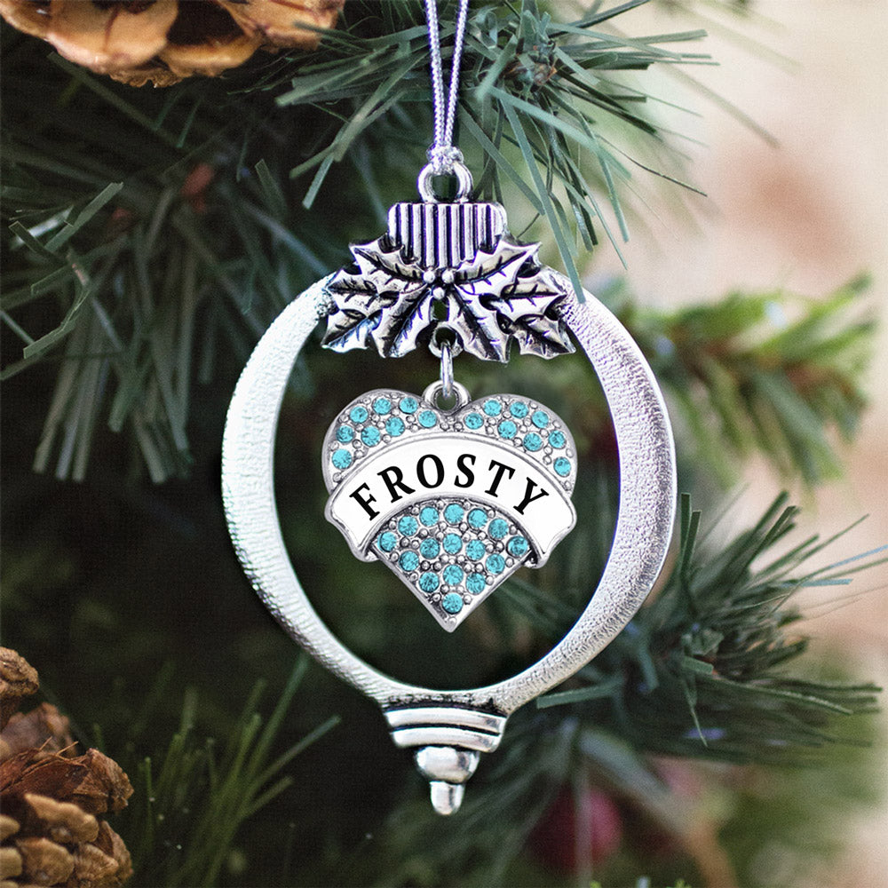 Silver Frosty Aqua Pave Heart Charm Holiday Ornament