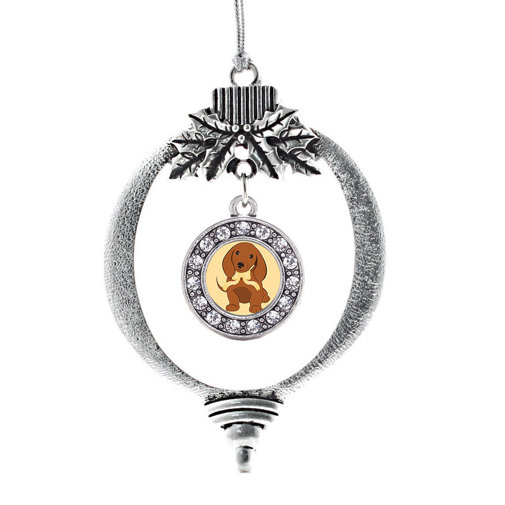 Silver Cute Little Dachshund Circle Charm Holiday Ornament