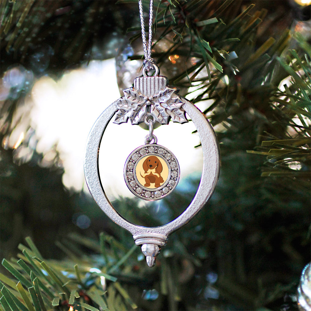 Silver Cute Little Dachshund Circle Charm Holiday Ornament