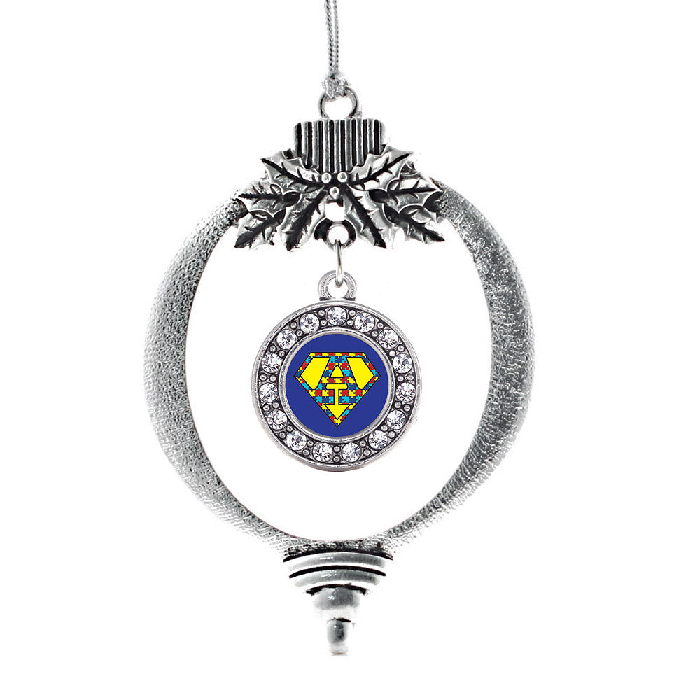 Silver Super Autism Awareness Circle Charm Holiday Ornament