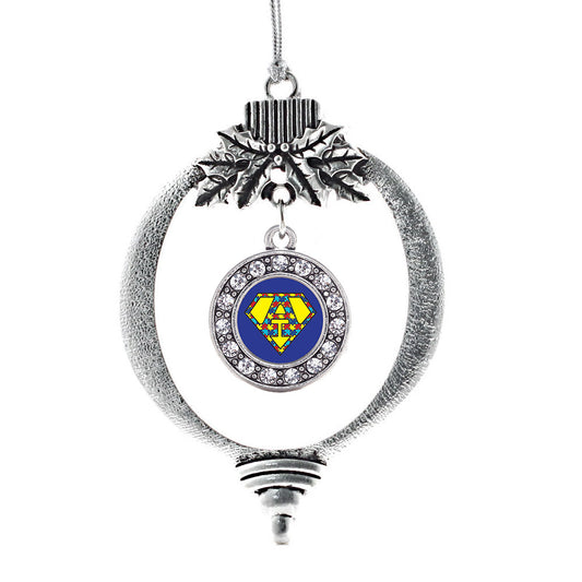 Silver Super Autism Awareness Circle Charm Holiday Ornament