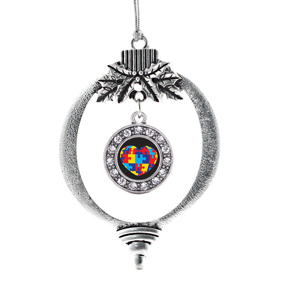 Silver Autism Awareness Heart Circle Charm Holiday Ornament