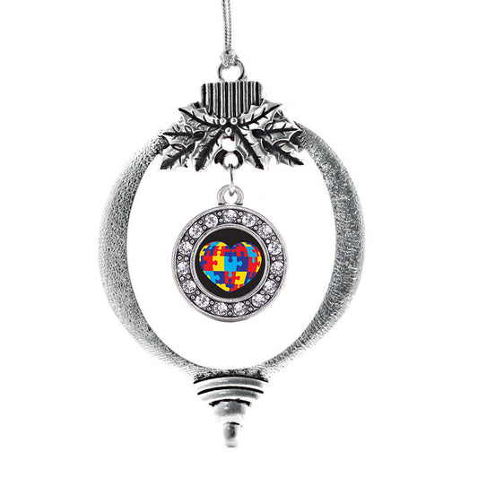 Silver Autism Awareness Heart Circle Charm Holiday Ornament
