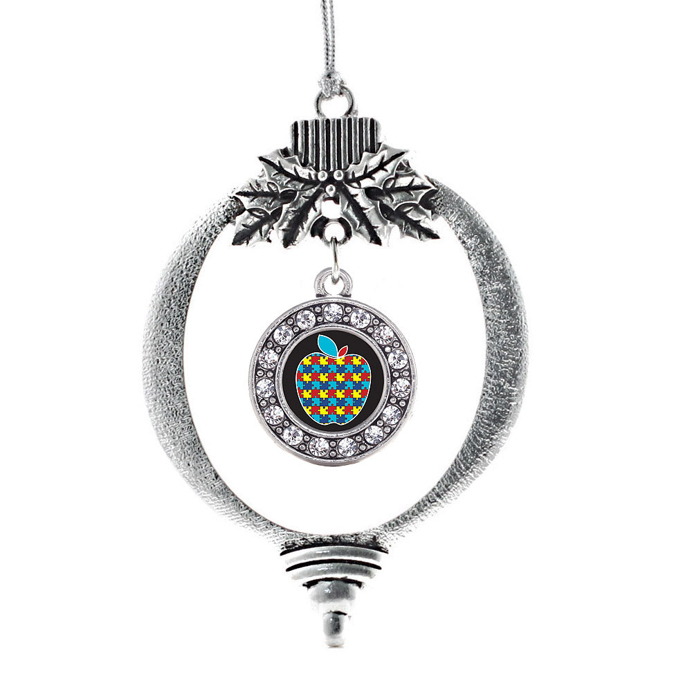 Silver Autism Apple Circle Charm Holiday Ornament