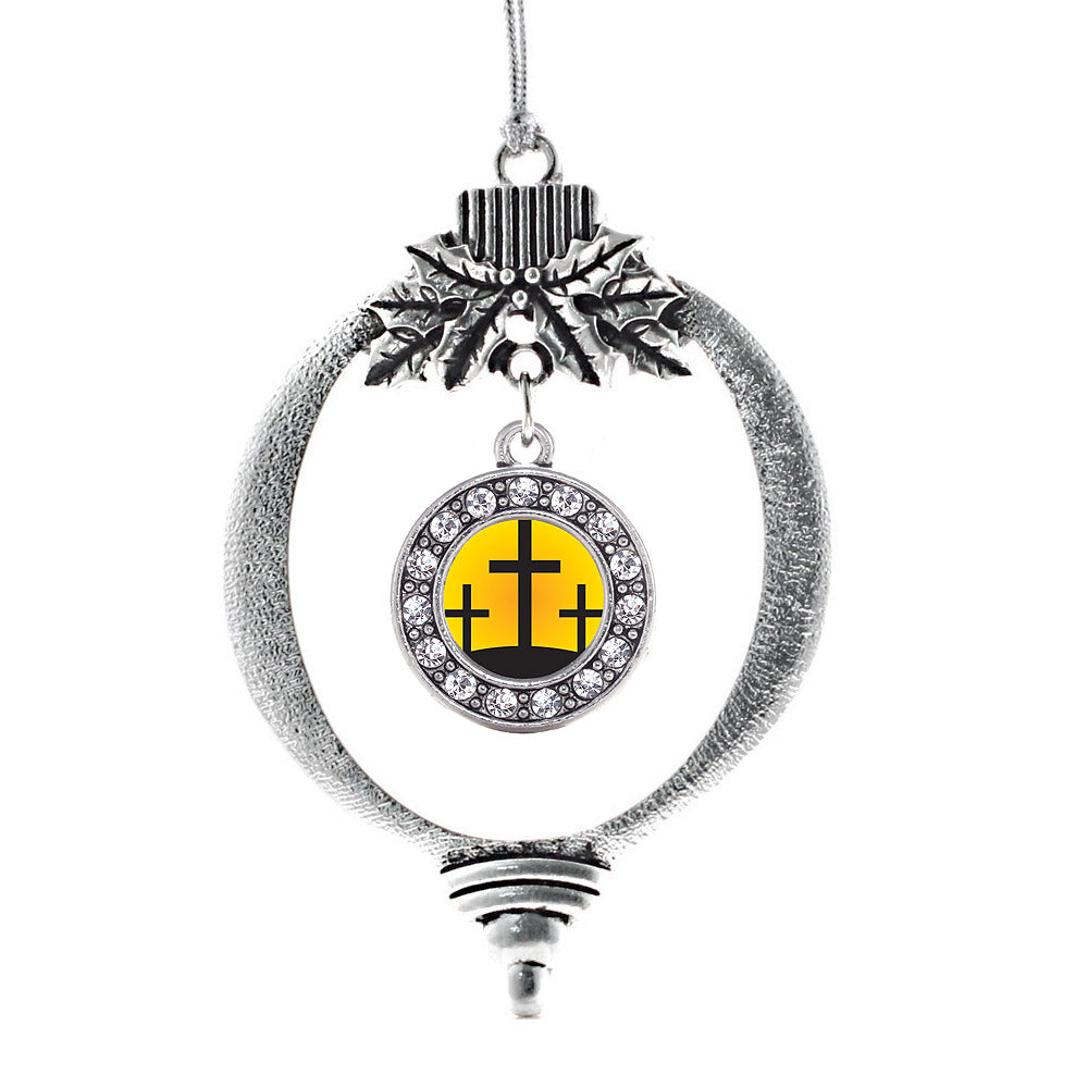 Silver Three Crosses Circle Charm Holiday Ornament