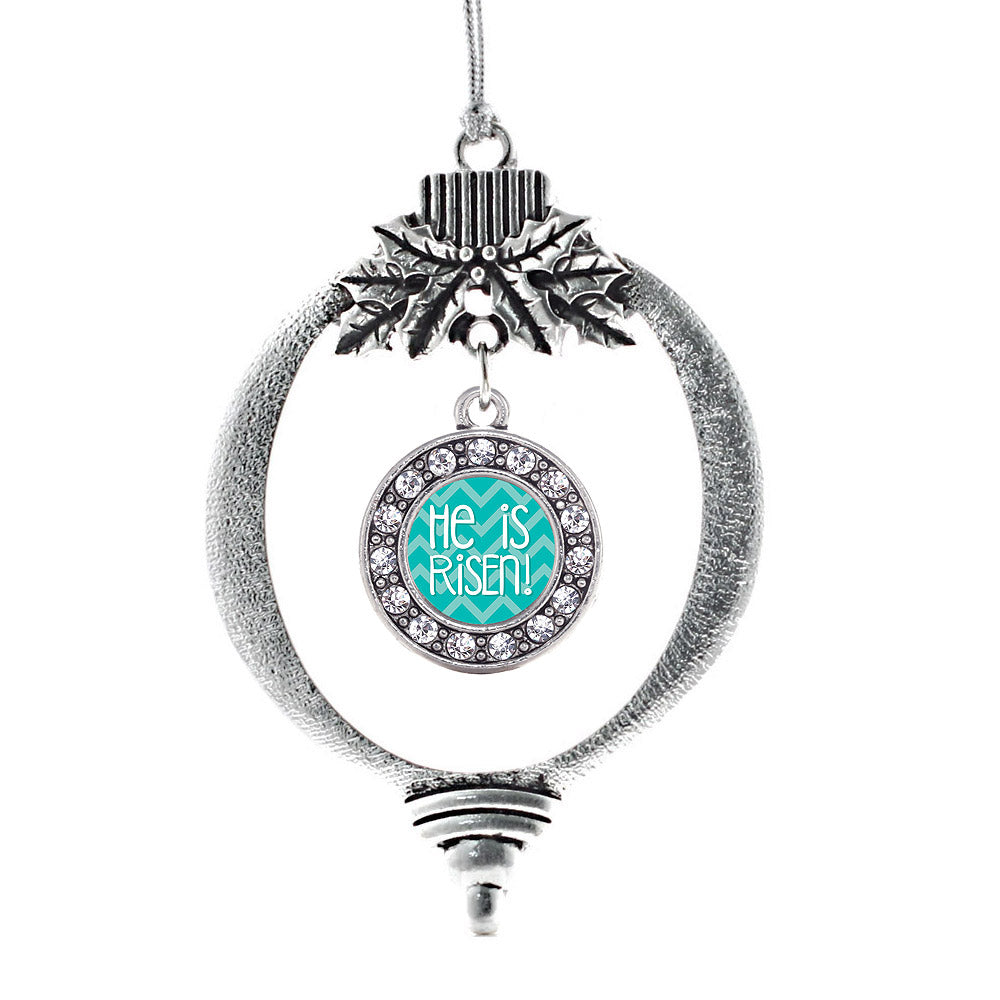 Silver He is Risen Teal Chevron Patterned Circle Charm Holiday Ornament