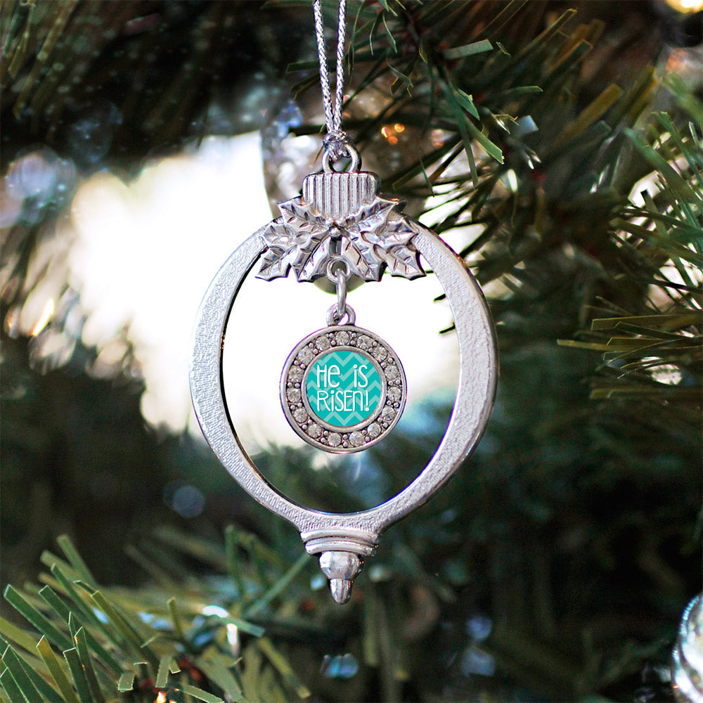 Silver He is Risen Teal Chevron Patterned Circle Charm Holiday Ornament