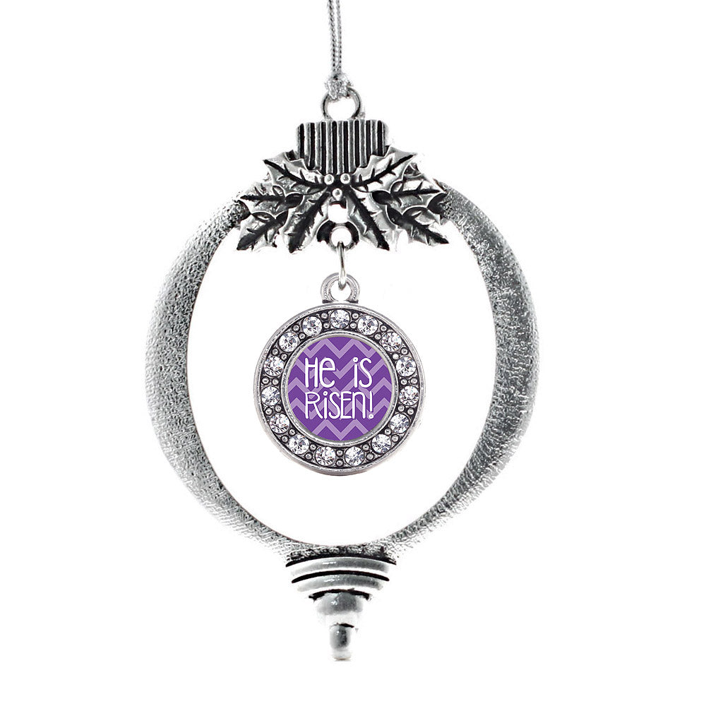 Silver He is Risen Purple Chevron Patterned Circle Charm Holiday Ornament
