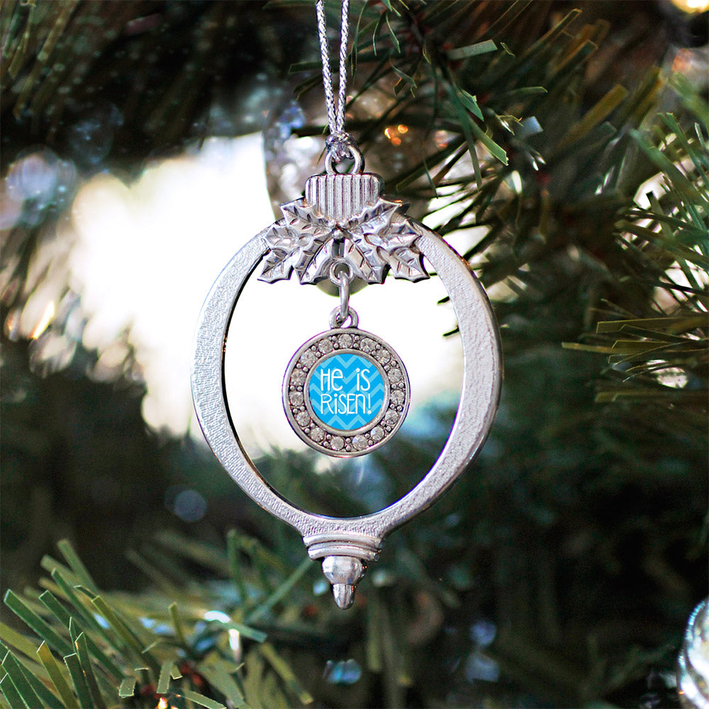 Silver He is Risen Blue Chevron Patterned Circle Charm Holiday Ornament