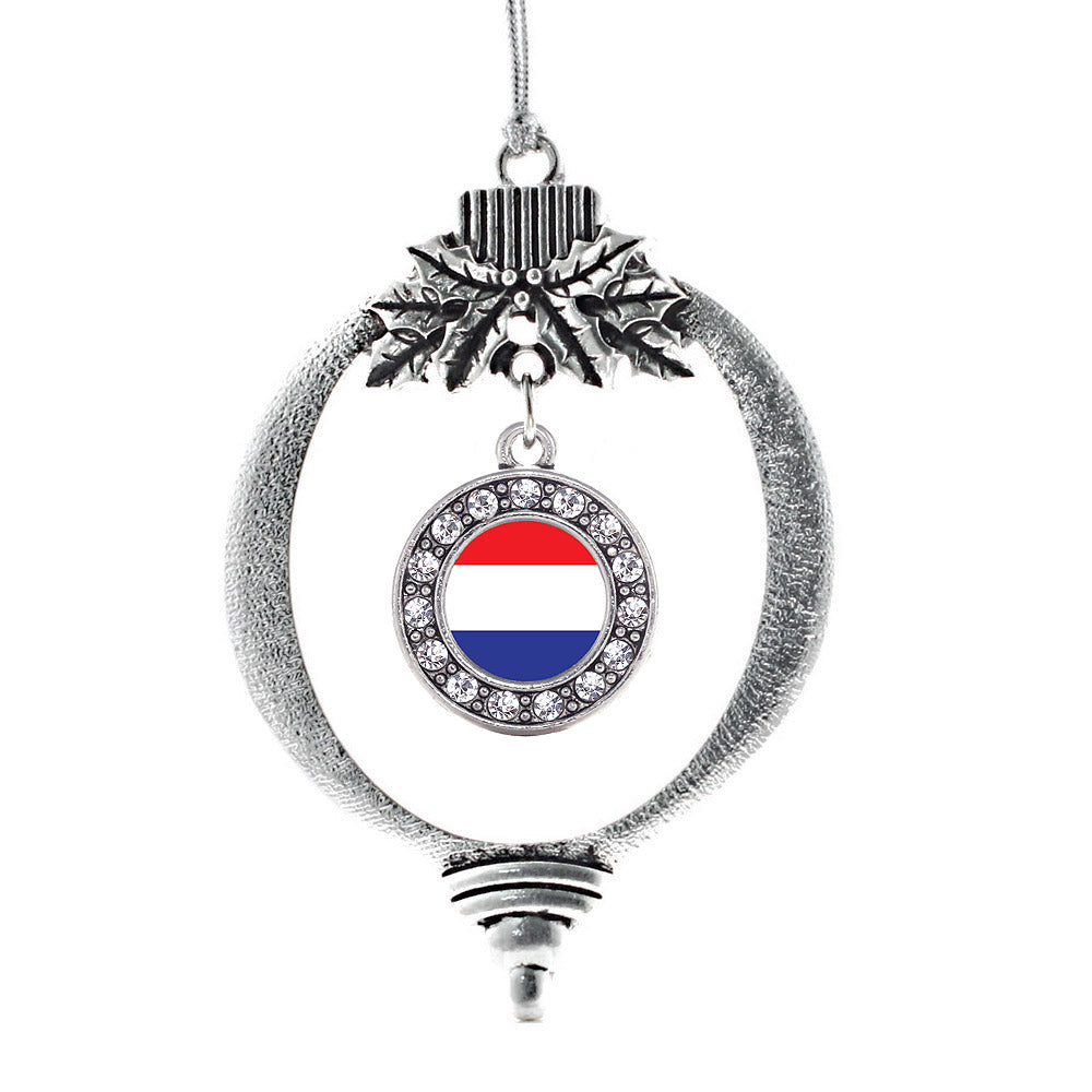Silver Netherlands Flag Circle Charm Holiday Ornament