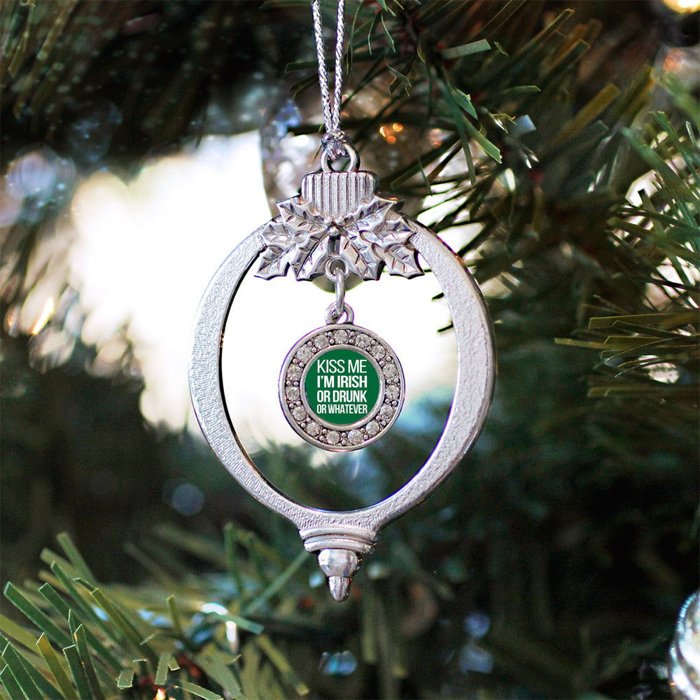 Silver Kiss Me I'm Drunk Circle Charm Holiday Ornament