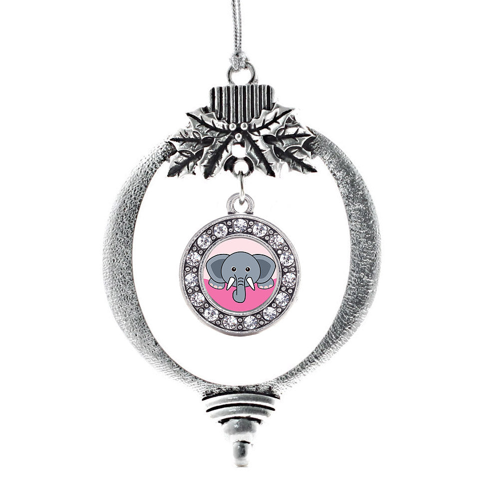 Silver Peeking Elephant Circle Charm Holiday Ornament