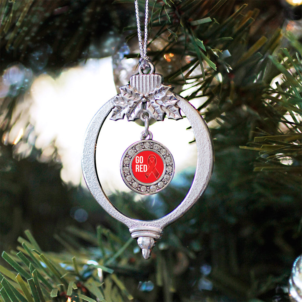Silver Go Red Heart Disease Awareness Circle Charm Holiday Ornament