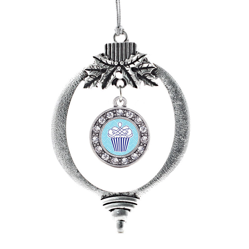 Silver Blue Chevron Cupcake Circle Charm Holiday Ornament