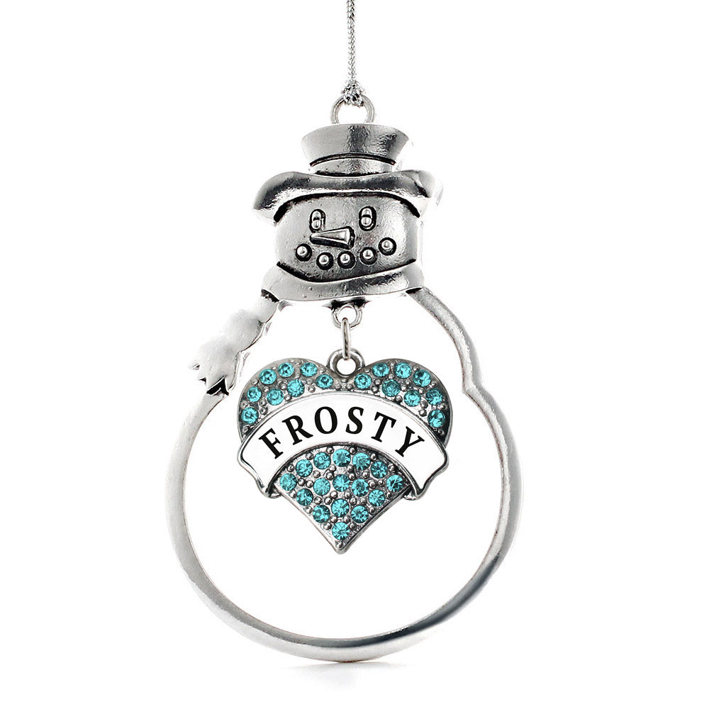 Silver Frosty Aqua Pave Heart Charm Snowman Ornament
