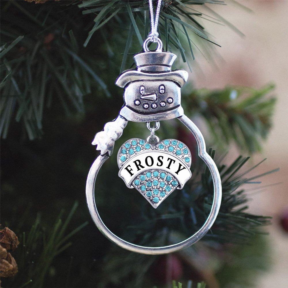 Silver Frosty Aqua Pave Heart Charm Snowman Ornament