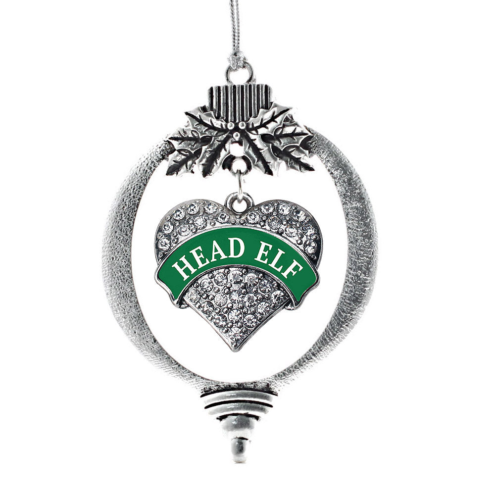 Silver Green Head Elf Pave Heart Charm Holiday Ornament