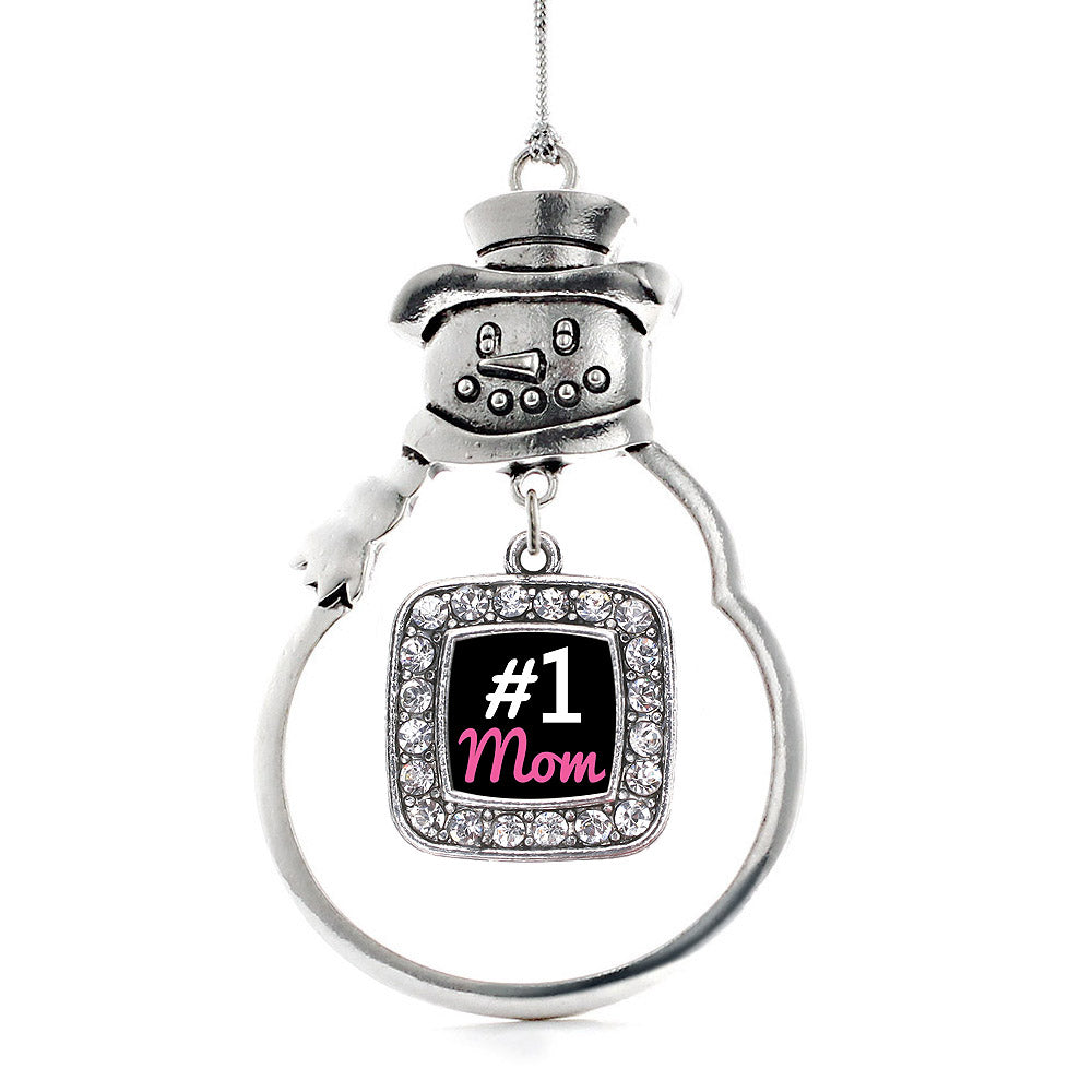 Silver #1 Mom Square Charm Snowman Ornament
