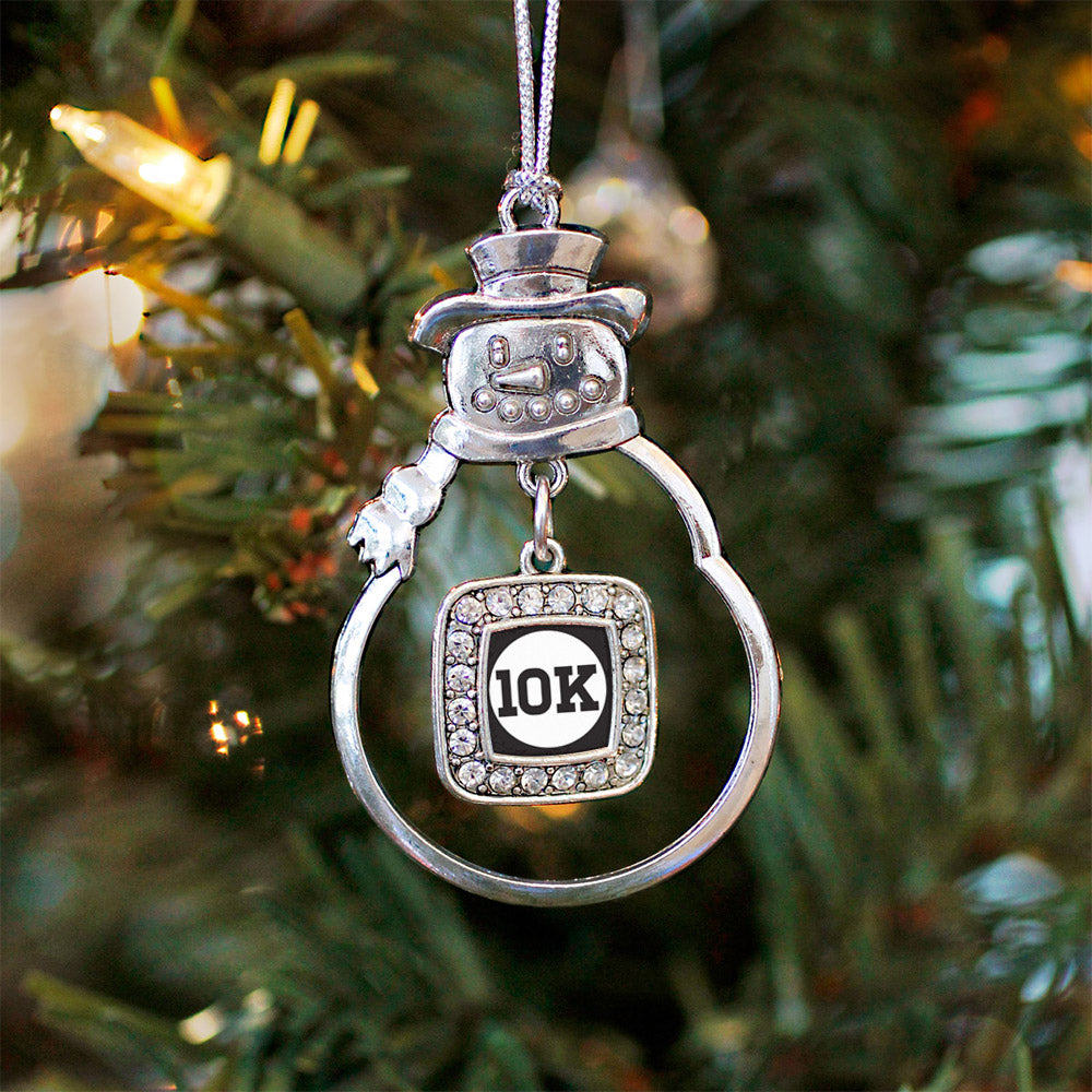 Silver 10k Runners Square Charm Snowman Ornament