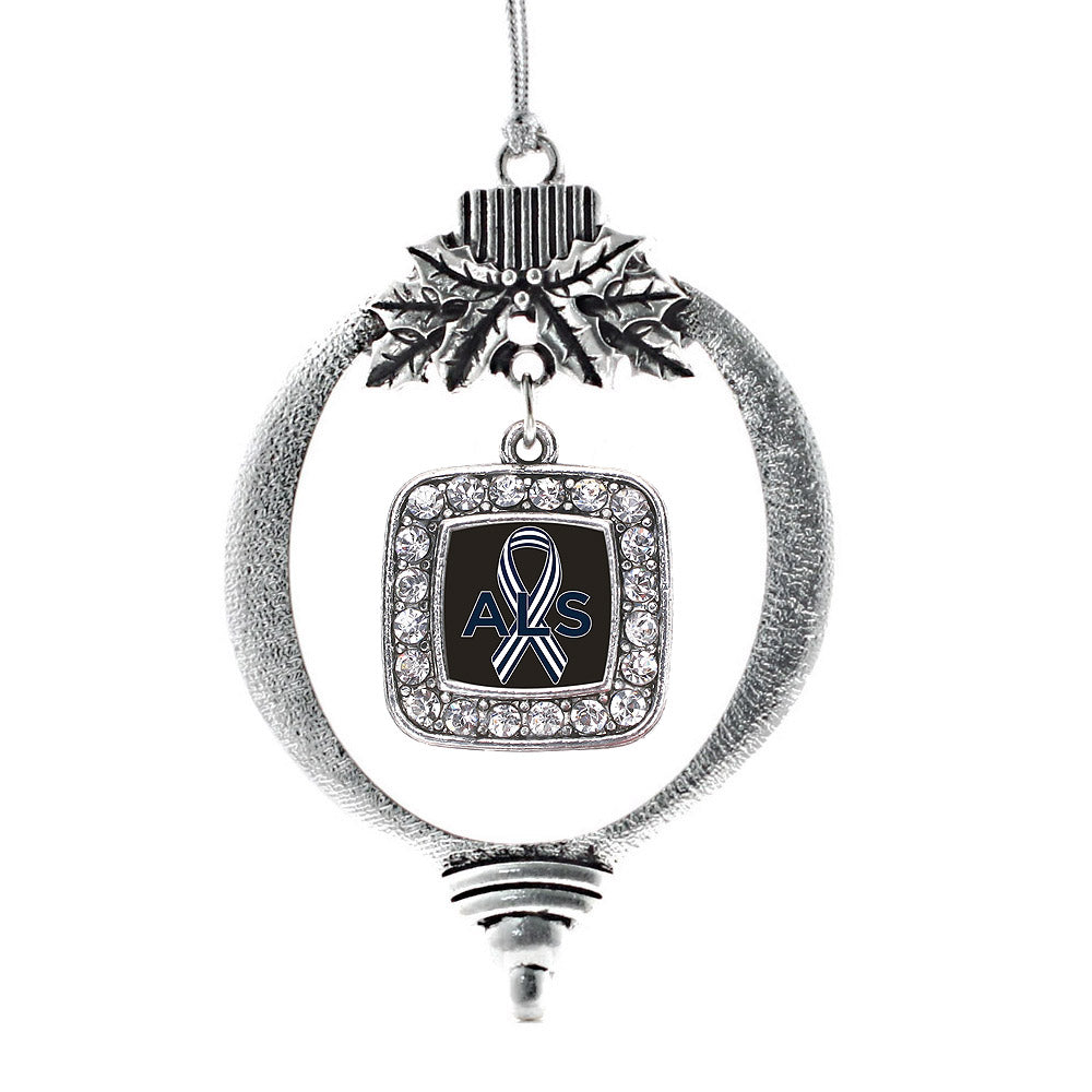 Silver ALS Awareness Square Charm Holiday Ornament