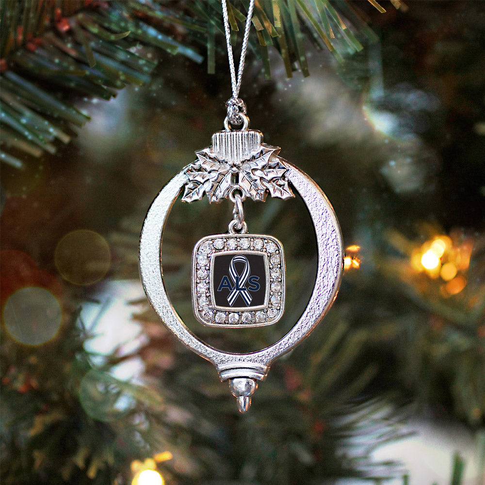Silver ALS Awareness Square Charm Holiday Ornament