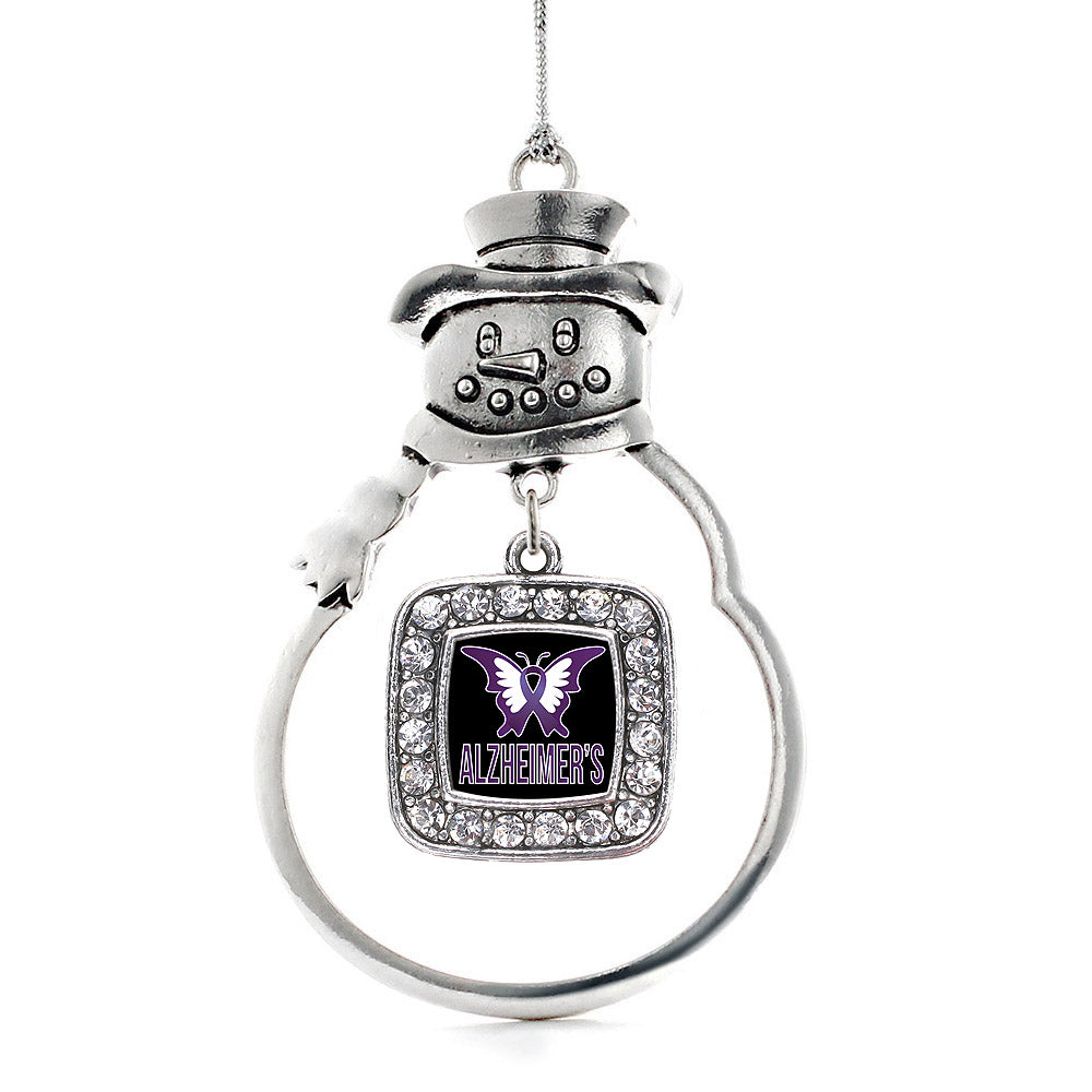 Silver Alzheimers Awareness Square Charm Snowman Ornament