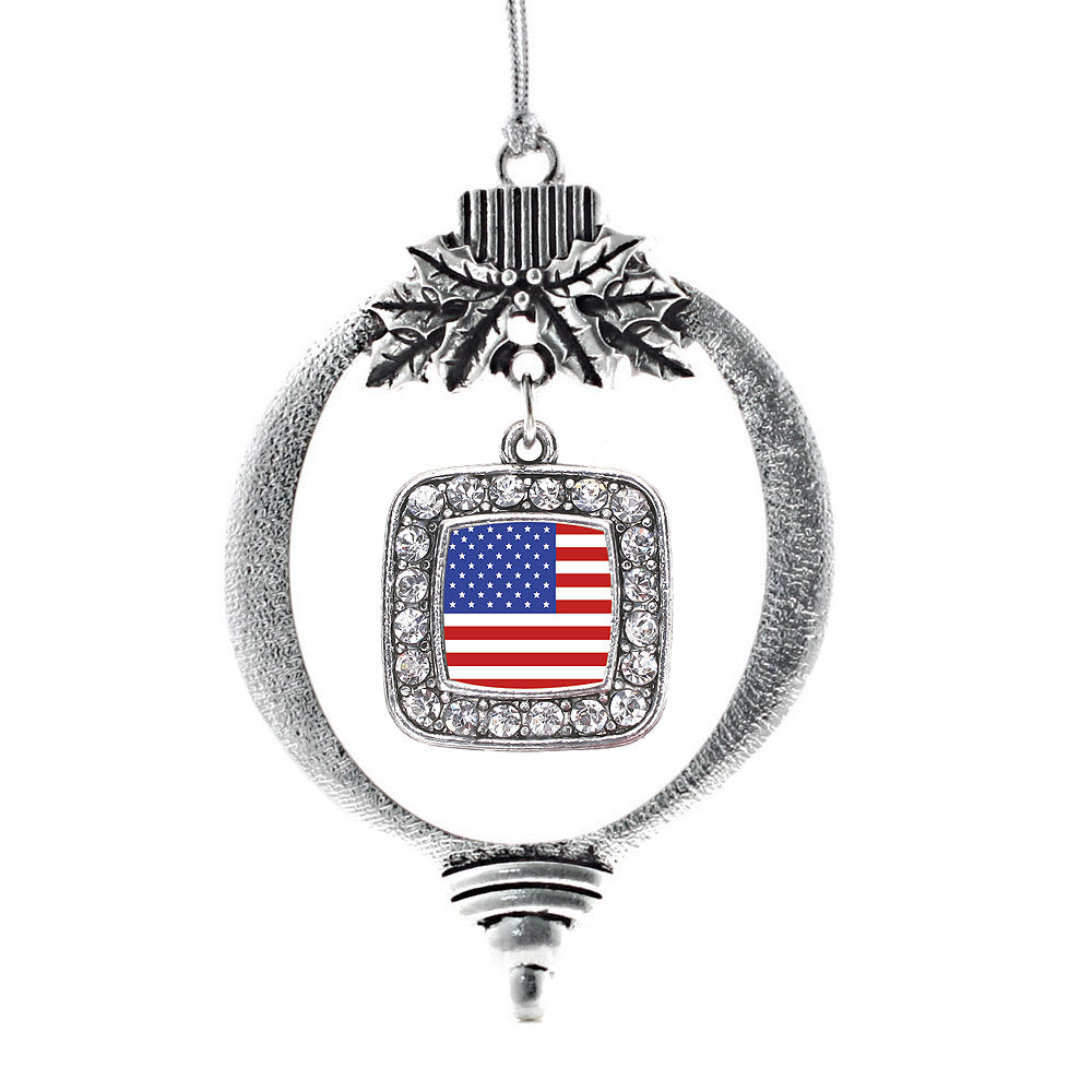 Silver American Flag Square Charm Holiday Ornament
