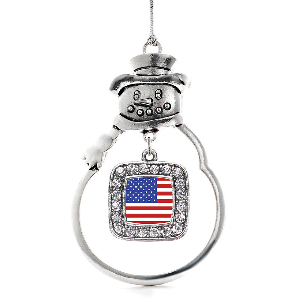 Silver American Flag Square Charm Snowman Ornament