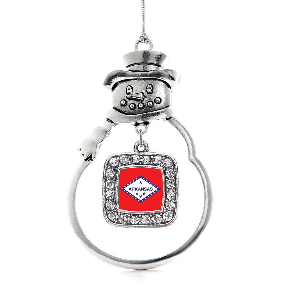 Silver Arkansas Flag Square Charm Snowman Ornament