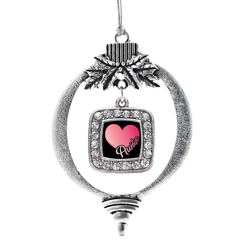 Silver Auntie Square Charm Holiday Ornament