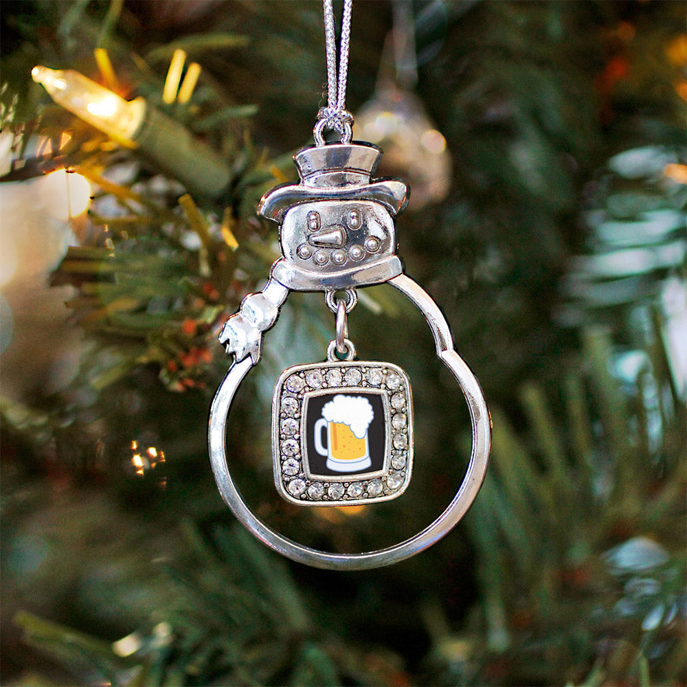 Silver Beer Lovers Square Charm Snowman Ornament